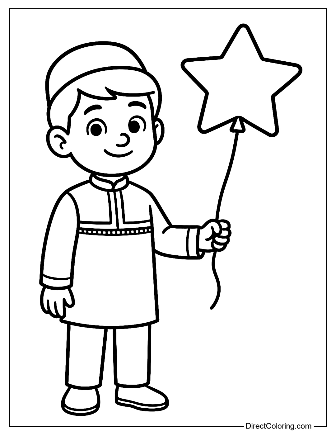 Coloring page of a boy wearing a traditional Iranian dress, holding a star-shaped balloon.